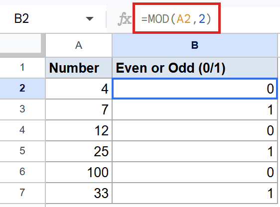 Google Sheet: Formula bar shows `=MOD(A2, 2)` for cell B2, determining even/odd.