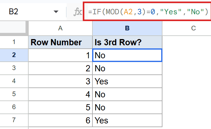 Google Sheets: Formula `=IF(MOD(A2,3)=0,"Yes","No")` checks for every 3rd row.