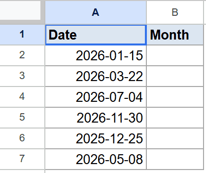 Google Sheets: 'Date' column with sample dates, 'Month' column is empty.