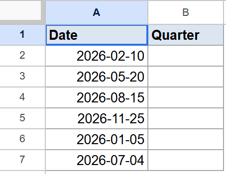 Google Sheets with column A containing dates and an empty column B labeled "Quarter".