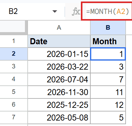 Google Sheets formula bar shows MONTH(A2) extracting month 1 from date 2026-01-15.