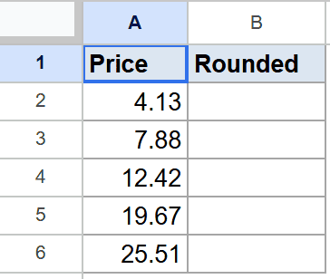 Google Sheet showing 'Price' column with numbers and an empty 'Rounded' column.