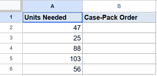 Google Sheets showing "Units Needed" numbers and an empty "Case-Pack Order" column.