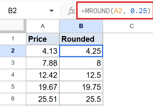 Google Sheets: Cell B2 shows =MROUND(A2, 0.25) in formula bar, rounding 4.13 to 4.25.