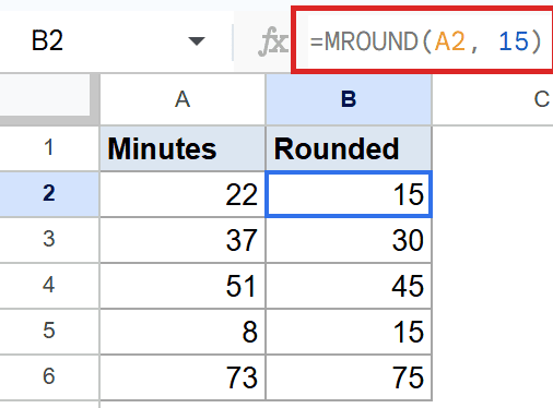 Google Sheets: MROUND(A2, 15) formula, with 22 in A2 rounded to 15 in B2.