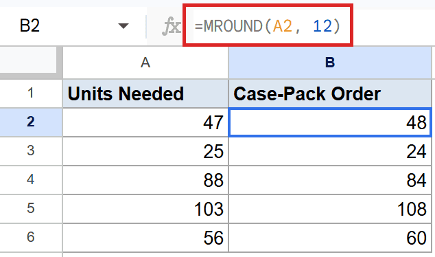 Google Sheets: MROUND(A2, 12) formula in B2, rounding 47 to 48.