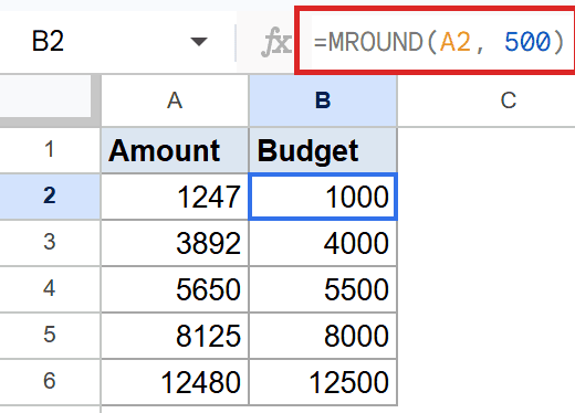 Google Sheets: MROUND(A2, 500) formula in B2 rounds 1247 to 1000.