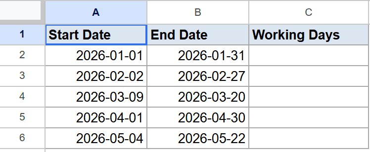 Google Sheets table: Start Date and End Date columns have dates, Working Days column is empty.