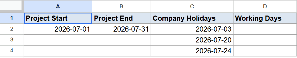 Google Sheets with Project Start, Project End, Company Holidays dates for NETWORKDAYS.