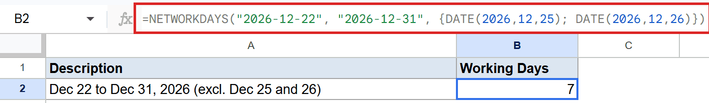Google Sheets: NETWORKDAYS formula in B2 calculates 7 working days, excluding Dec 25 and 26.