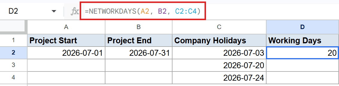 Google Sheets: NETWORKDAYS(A2, B2, C2:C4) in formula bar, D2 shows 20 working days.