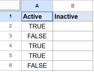 Google Sheet with 'Active' column (TRUE/FALSE) and empty 'Inactive' column.