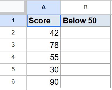 Google Sheet: "Score" column (A) has numbers; "Below 50" column (B) is empty.