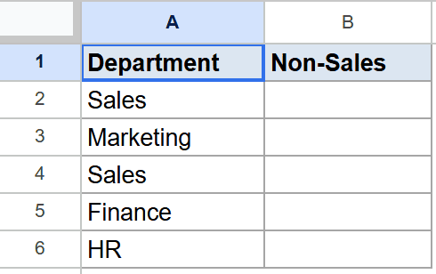 Example 5 Google Sheet showing 'Department' values and an empty 'Non-Sales' column.