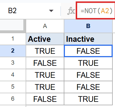 Google Sheets: Column 'Inactive' cell B2 shows FALSE, calculated by =NOT(A2).