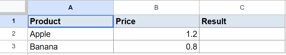 Google Sheets: A1 selected, with Product, Price, Result headers and two product rows.