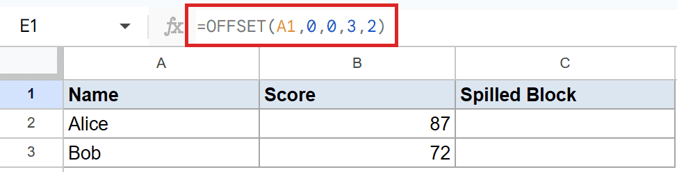 Google Sheets shows `=OFFSET(A1,0,0,3,2)` in the formula bar and data in cells A1:B3.