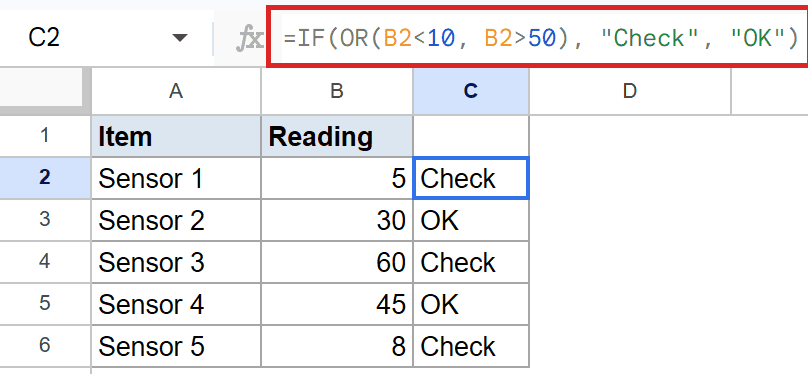 Google Sheets: C2 shows 'Check' using `=IF(OR(B2<10, B2>50))` formula.