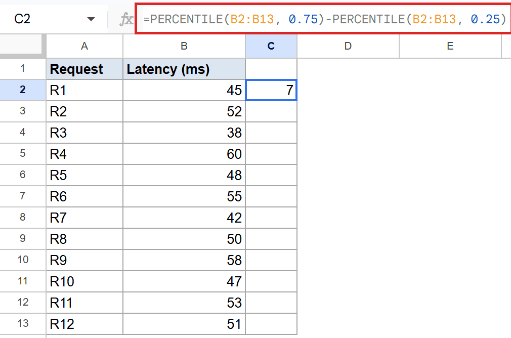 Google Sheet: PERCENTILE formula in formula bar for C2, result 7 from Latency data.
