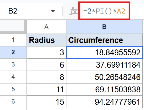 Google Sheets B2 formula bar with circumference formula `=2*PI()*A2`.