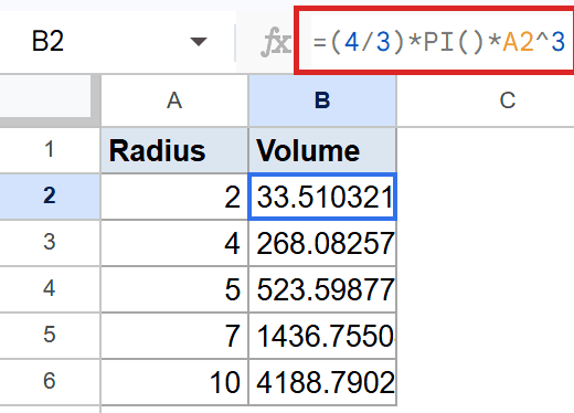Google Sheets: Formula bar shows `=(4/3)*PI()*A2^3` calculating sphere volume in B2.