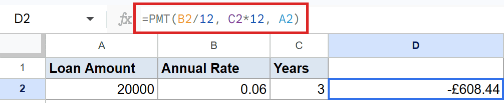 PMT function in D2 calculates -£608.44 monthly payment: `=PMT(B2/12, C2*12, A2)`.