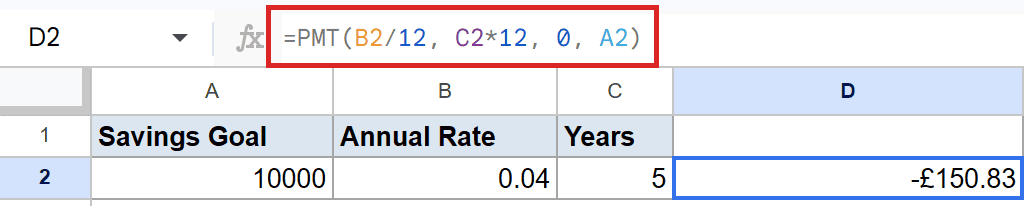 Google Sheets PMT function computes -£150.83 in D2 for the savings goal.
