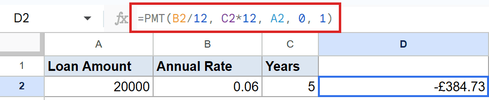 Google Sheets PMT formula `=PMT(B2/12, C2*12, A2, 0, 1)` yields -£384.73 in D2.