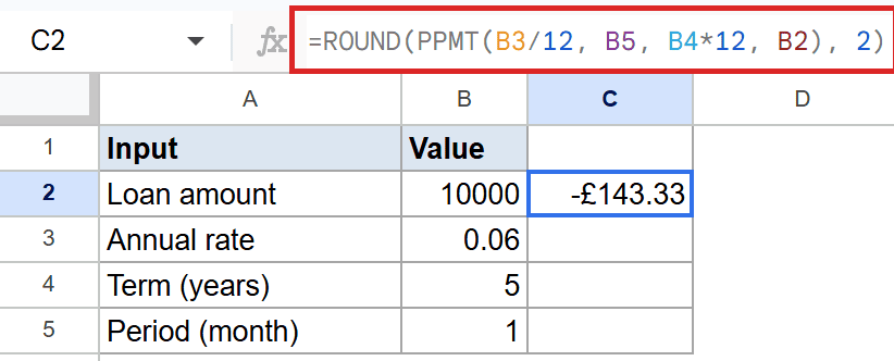 Google Sheets PPMT formula in C2: `=ROUND(PPMT(B3/12, B5, B4*12, B2), 2)`.