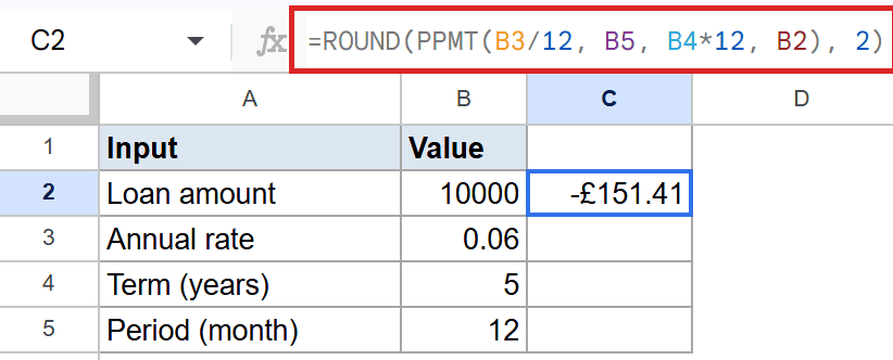 Google Sheets: PPMT formula in formula bar for C2, showing -£151.41.