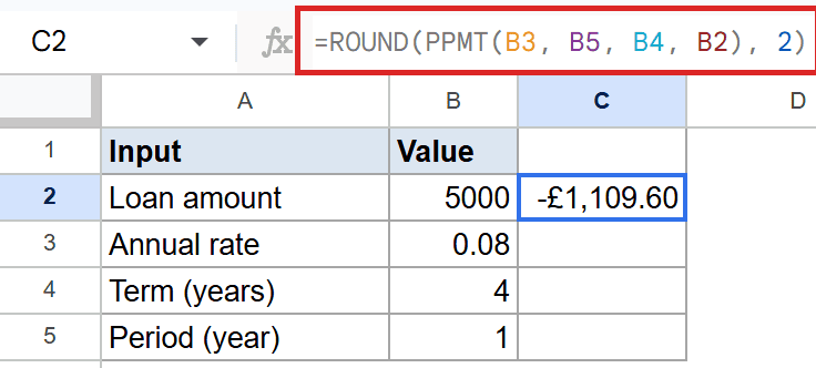 Google Sheets: C2 selected, formula bar shows PPMT formula, output is -£1,109.60.