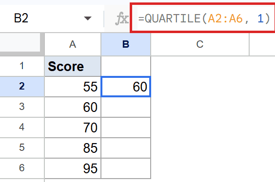 Google Sheets formula bar shows =QUARTILE(A2:A6, 1). B2 displays 60 as the 1st quartile.