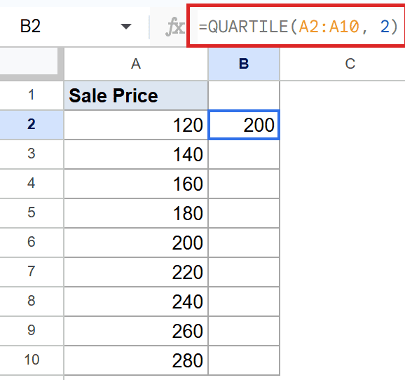 Google Sheets showing QUARTILE(A2:A10, 2) formula in B2, resulting in 200.