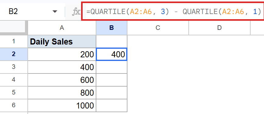 Google Sheets: formula `=QUARTILE(A2:A6, 3) - QUARTILE(A2:A6, 1)` calculating 400 in B2.