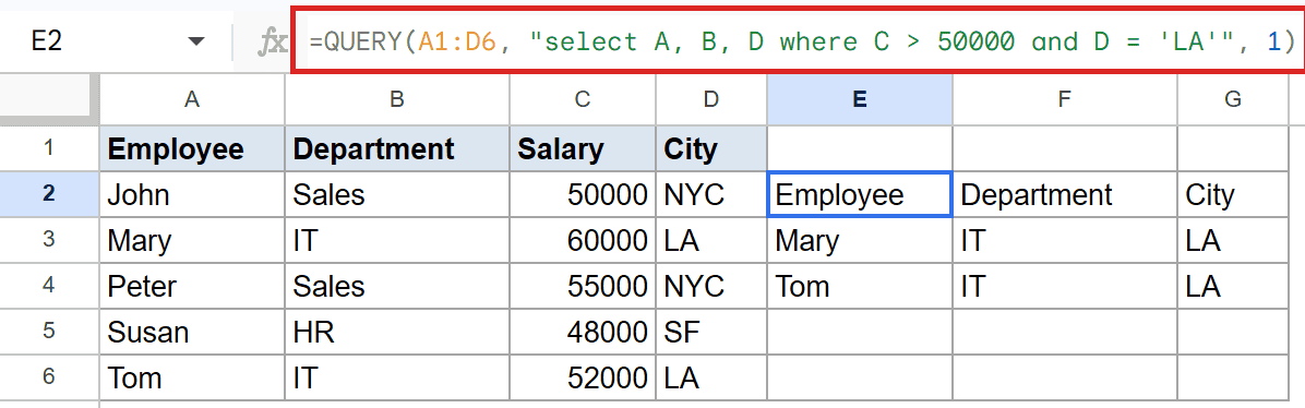 Google Sheets: QUERY function in E2 filters data for salary > 50000 and City='LA'.