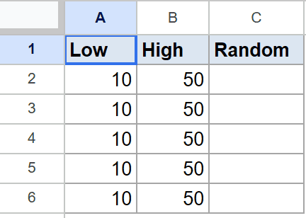 Google Sheets RANDBETWEEN dataset: Low (10), High (50), and an empty Random column.