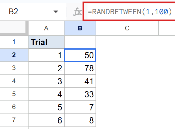 Google Sheets: RANDBETWEEN(1,100) formula in the bar, 50 in cell B2.