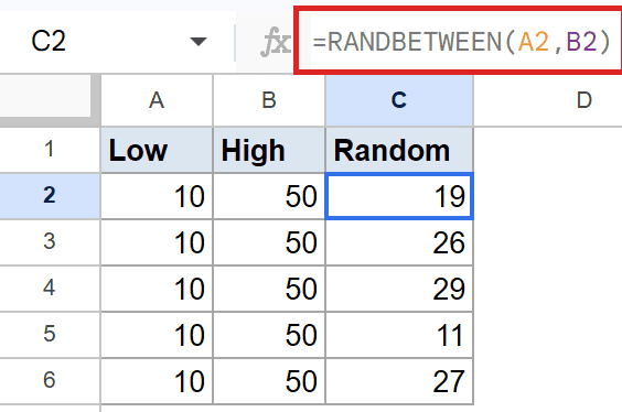Google Sheets: RANDBETWEEN(A2, B2) formula in C2's formula bar, returning 19.