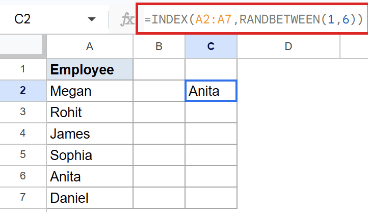Google Sheets: Formula `=INDEX(A2:A7, RANDBETWEEN(1,6))` in C2 outputs "Anita".