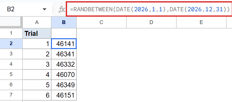 Google Sheets: RANDBETWEEN with 2026 start/end dates in formula bar for cell B2.
