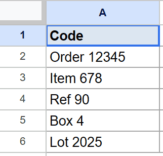 Google Sheets column A data: "Code" header followed by five text and number strings.
