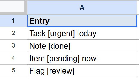 Google Sheets dataset for REGEXEXTRACT tutorial: strings in column A with bracketed terms.