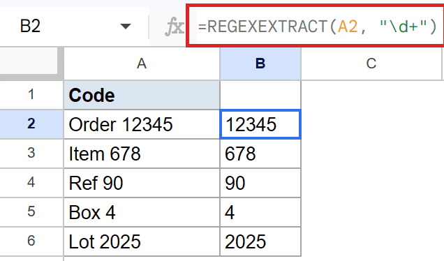 Google Sheets: B2 formula `=REGEXEXTRACT(A2, "\d+")` extracts digits from column A.