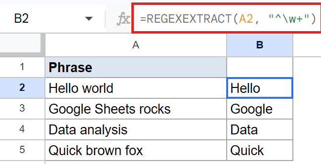 Google Sheet: REGEXEXTRACT(A2, "^\w+") in B2 extracts "Hello" from "Hello world".