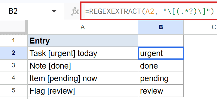REGEXEXTRACT formula in Google Sheets B2 extracts "urgent" from text in cell A2.
