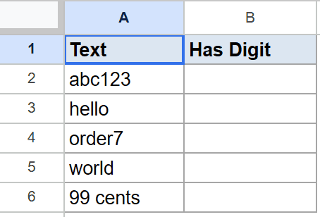Google Sheets: Text data in column A, empty 'Has Digit' column B for REGEXMATCH.