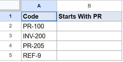 Google Sheet: Code column A, 'Starts With PR' column B with empty results.