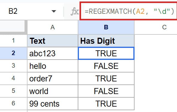Google Sheet displaying REGEXMATCH(A2, "\d") formula in B2, checking for digits in text.