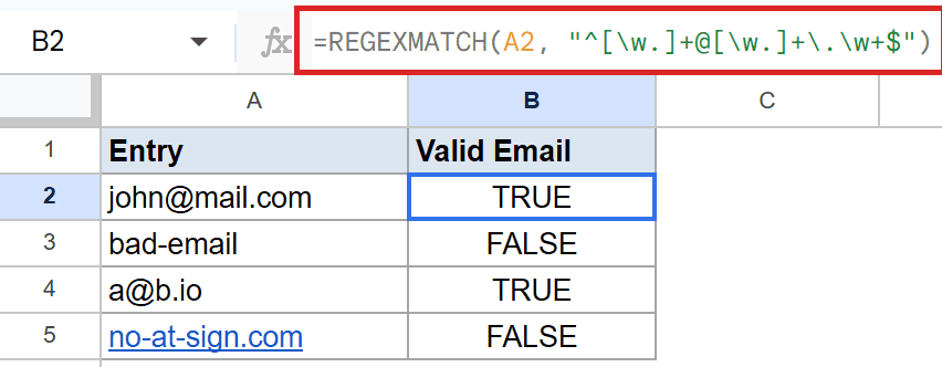 Google Sheets: REGEXMATCH formula shown in B2 validates email entries against a regex pattern.