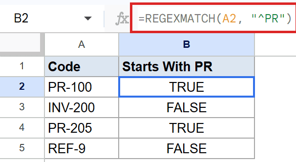 Google Sheet: B2 shows `=REGEXMATCH(A2, "^PR")` highlighted, yielding TRUE/FALSE results.